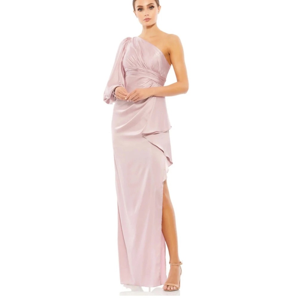 Mac Duggal One Shoulder Long Sleeve Satin Gown‎ Rose Pink Formal Dress